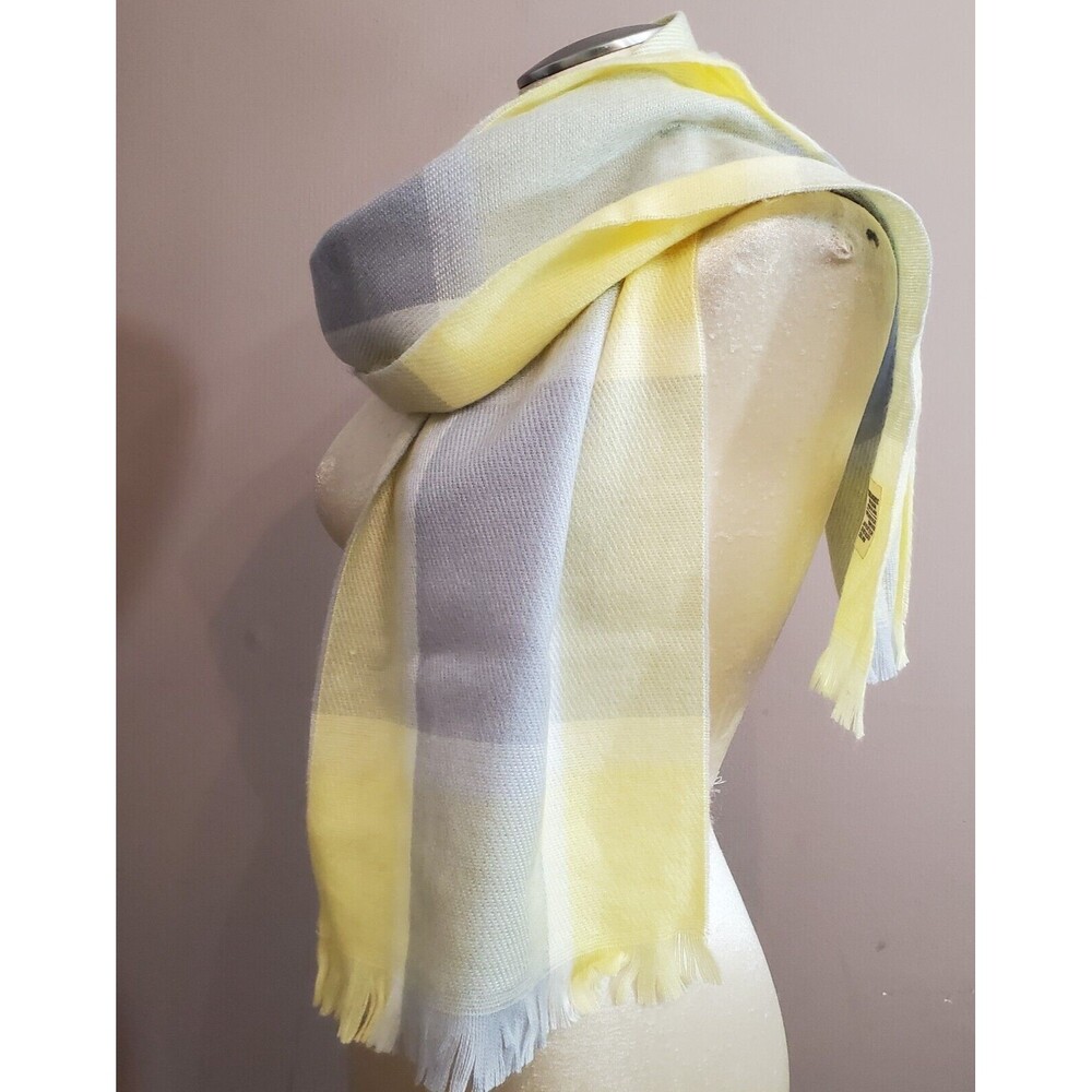 Vintage Scarf Yellow Blue Plaid Acrylic Self Fringe 11x61" Made in Japan Soft